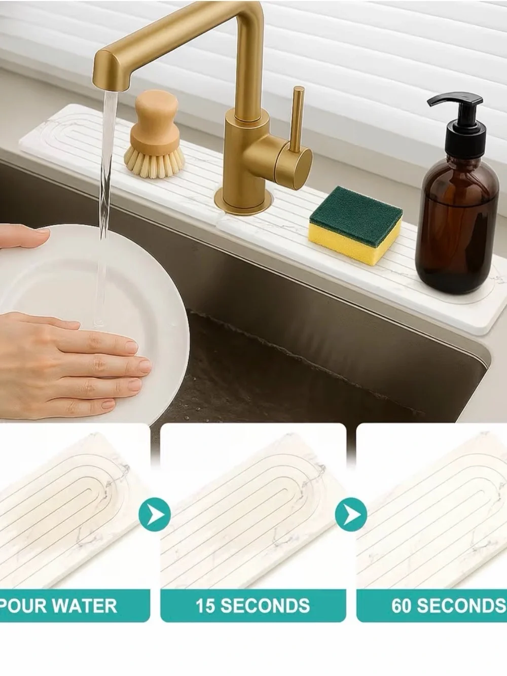 Drying stone faucet mat for kitchen sink splash guard white marble 24” x 4” NEW